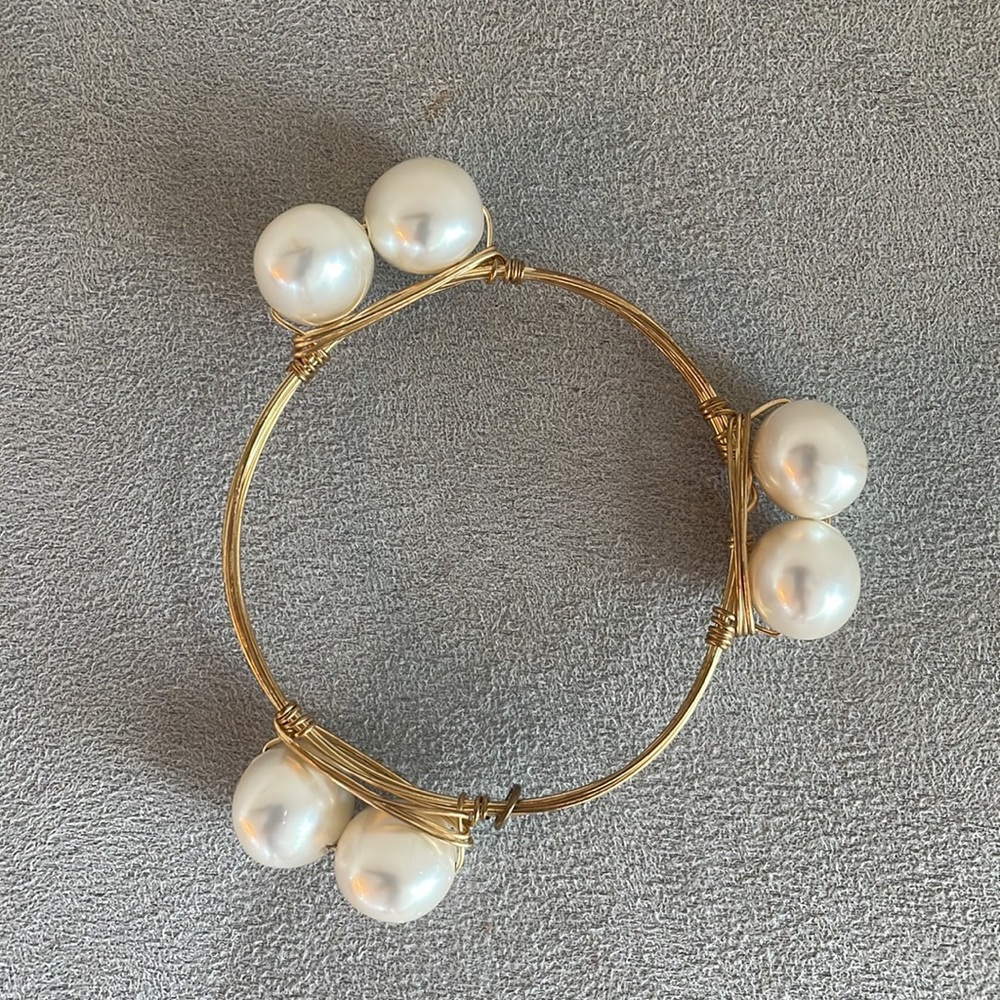 Double Pearl Wire Wrapped Gold Bangle Bracelet - Picture 2 of 6